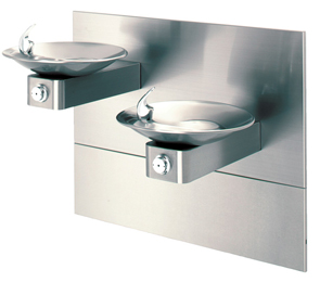 Model 1011MS | HiLo ADA Drinking Fountain with Two Satin Stainless Steel Bowls on Square Arms and Back Panel
