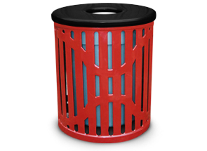 Model C22TR | 22 Gallon Ribbed Steel Trash Receptacle with 8 Inch Opening Flat Top Lid (Red/Black)