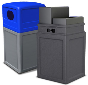 Model DC-79280099 (Gray w/Blue Dome Lid) & Model DC-79280199 (Black with Blue Dome Lid) | Recycle42 Dual Liner Recycling Receptacles