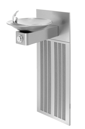 Model H1001.8 | Wall Mounted ADA Refrigerated Water Drinking Fountain with Satin Stainless Steel Bowl on Square Arm with Grille and Back Panel