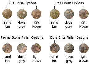 LSB Finish Options, Etch Finish Options, Perma Stone Finish Options, Dura Brite Finish Options