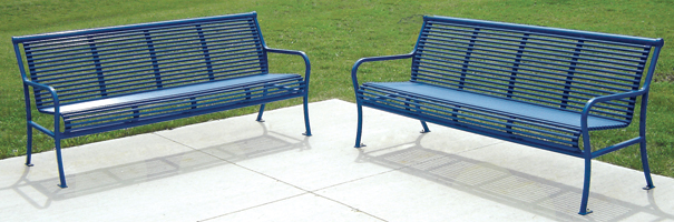 Model R6 | Steel Park Bench with Back | Rodman Style (Blue)
