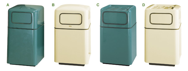 Square Firefighter Fiberglass Receptacles | A. FG2038SQDRGL (Sea Green), B. FG2438SQDRGL (Almond), C. FG2037SQTRDRPL (Sea Green), D. FG2438SQTRDRPL (Almond)