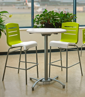 Domino Stacking Barstools (Fern Green Back/White Seat) and Molded Melamine Table Top with Bar Height Pedestal Base