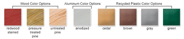 Wood Color Options, Aluminum Color Options, Recycled Plastic Color Options