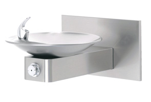 Haws 1001 Wall Mounted Drinking Fountain with Satin Stainless Steel Bowl on Square Arm and Back Panel ADA Accessible