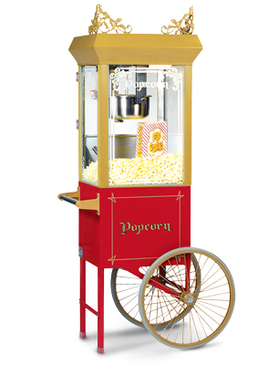 BLACK LINCOLN EIGHT OUNCE ANTIQUE POPCORN MACHINE AND CART