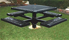 46" Square Thermoplastic Table, Expanded, Ribbed & Rolled, Pedestal Frame | 4 Attached Seats | In-ground Mount