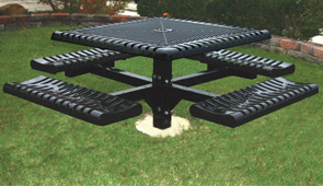 46" Square Thermoplastic Table, Expanded, Ribbed & Rolled, Pedestal Frame | 4 Attached Seats | In-ground Mount