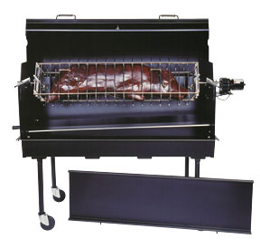 ROTO-BQ-R Rotisserie Shown On Top Of A PG-2460-M Charcoal Grill With PG-200 Bread-Box Hood On Top
