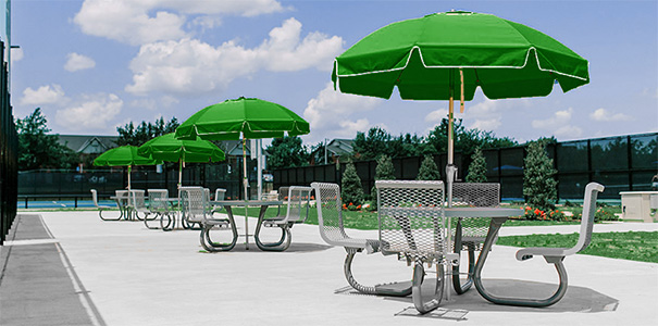 Canteen Series Round Café Tables Attached Seats with Backs