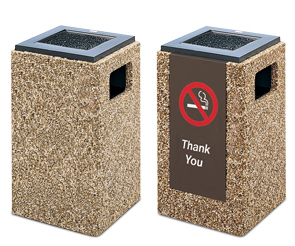 Model PCS20L | Aggregate Trash Receptacle (Painted Bronze Lid/River Rock Aggregate), Model PCS20I | Aggregate Trash Receptacle (Painted Bronze Lid/River Rock Aggregate/#33 Message Panel Insert)