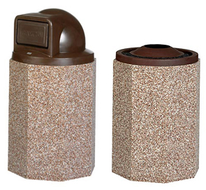 Model PCS55PDT | Octagonal Aggregate Trash Receptacle (Brown Lid/River Rock Aggregate), Model PCS55PAT | Octagonal Aggregate Trash Receptacle (Brown Lid/Rick Rock Aggregate)