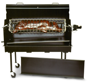 Model ROTO-BQ-R Rotisserie Shown On Top of a Model PG-2460-M Charcoal Grill with Model PG-200 Bread-Box Hood On Top