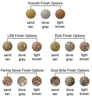 LSB Finish Options, Etch Finish Options, Perma Stone Finish Options, Dura Brite Finish Options