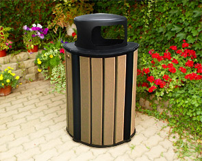 Model RB32-R-ST | 32 Gallon Round Recycled Plastic Trash Receptacle (Cedar/Black)