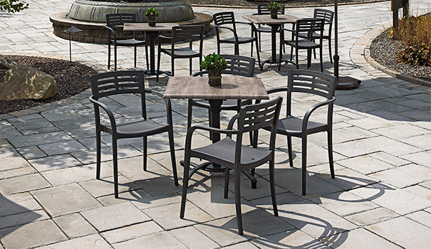 Model XA633275 | Vogue Stacking Armchairs (Charcoal) & Model 99841176 | Square Melamine Table Top (Aged Oak)